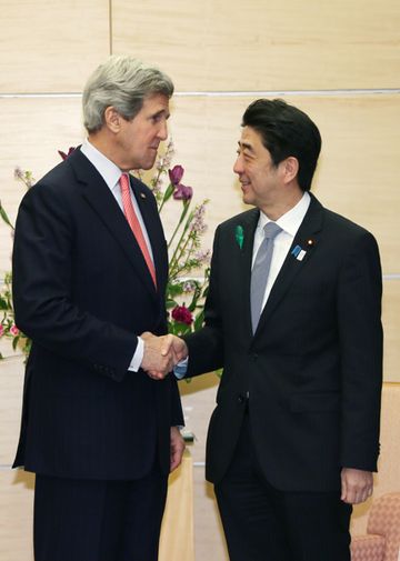 Photograph of Prime Minister Abe shaking hands with the Secretary of State of the United States, Mr. John F. Kerry 2