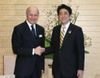 Photograph of Prime Minister Abe shaking hands with Minister of Foreign Affairs of the French Republic Mr. Laurent Fabius
