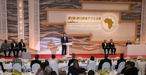 Photograph of the Prime Minister delivering an address at the Second Hideyo Noguchi Africa Prize presentation ceremony