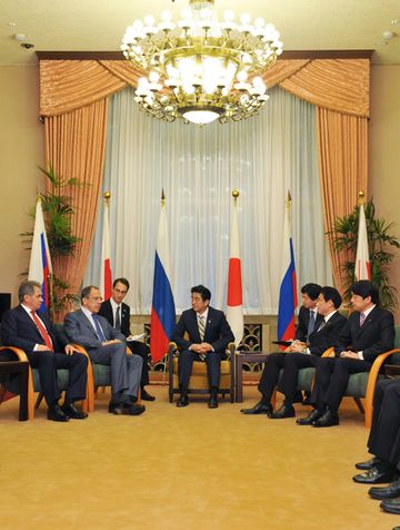 Photograph of the Prime Minister receiving a courtesy call from the Hon. Lavrov, Sergey Viktorovich, Minister of Foreign Affairs of the Russian Federation; and the Hon. Shoigu, Sergey Kuzhugetovich, Minister of Defense of the Russian Federation