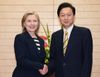 Photograph of Prime Minister Hatoyama shaking hands with Secretary Clinton