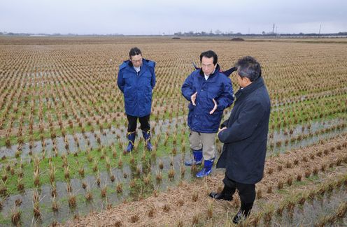 Photograph of the Prime Minister observing low-temperature rice storage