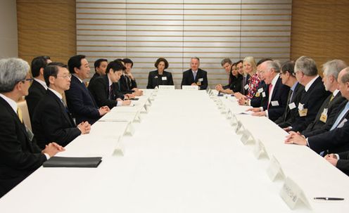 Photograph of the Prime Minister receiving a courtesy call from the UK members of the UK-Japan 21st Century Group 2