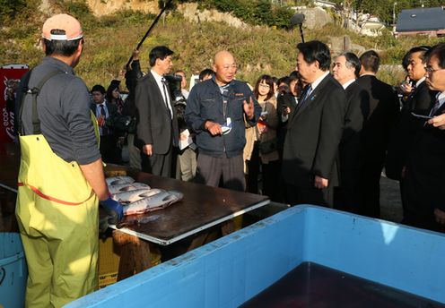 Photograph of the Prime Minister observing a seafood products processing company 1