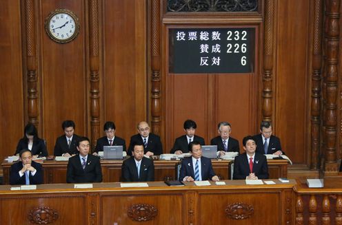 Photograph of the Prime Minister watching over the voting on the provisional FY2013 budget at the plenary session of the House of Councillors