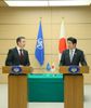 Photograph of Prime Minister Abe and the NATO Secretary General, Mr. Anders Fogh Rasmussen, making a joint press announcement