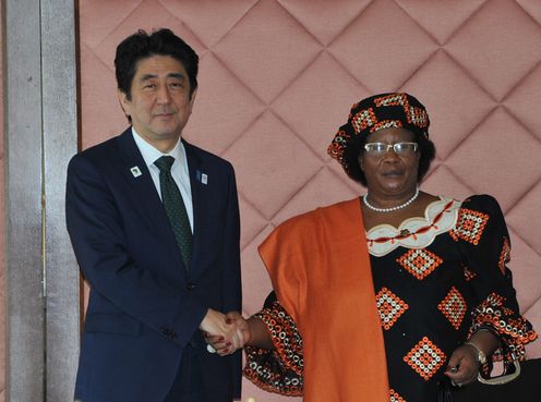 Photograph of Prime Minister Abe shaking hands with President of the Republic of Malawi Joyce Banda