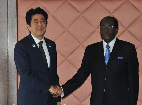 Photograph of Prime Minister Abe shaking hands with President of the Republic of Zimbabwe Robert Gabriel Mugabe