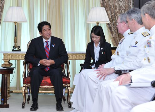 Photograph of the Prime Minister receiving a courtesy call from Commander John W. Miller of the Combined Maritime Forces