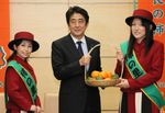 Photograph of the Prime Minister being presented with Fuyu persimmons from the Persimmon Village Ambassadors