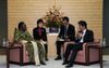 Photograph of Prime Minister Abe receiving a courtesy call from Rt. Hon. Rebecca Alitwala Kadaga, Speaker of Parliament of the Republic of Uganda