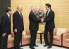 Photograph of Prime Minister Abe shaking hands with Mr. Akira Banzai, President of the Central Union of Agricultural Co-operatives (JA- ZENCHU)