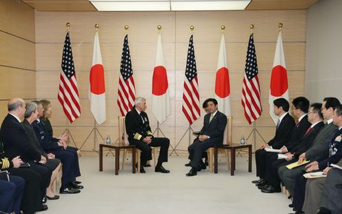 Photograph of Prime Minister Abe receiving a courtesy call from ADM Samuel J. Locklear, Commander, U.S. Pacific Command (2)