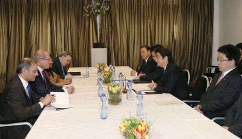 Photograph of Prime Minister Abe receiving a courtesy call from H.E. Ambassador Ahmet Üzümcü, Director-General of the Organisation for the Prohibition of Chemical Weapons