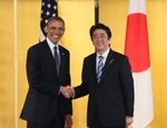 Photograph of Prime Minister Abe shaking hands with the Hon. Barack H. Obama, President of the United States of America