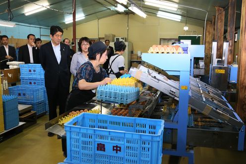 Photograph of the Prime Minister touring a work site employing women agricultural workers