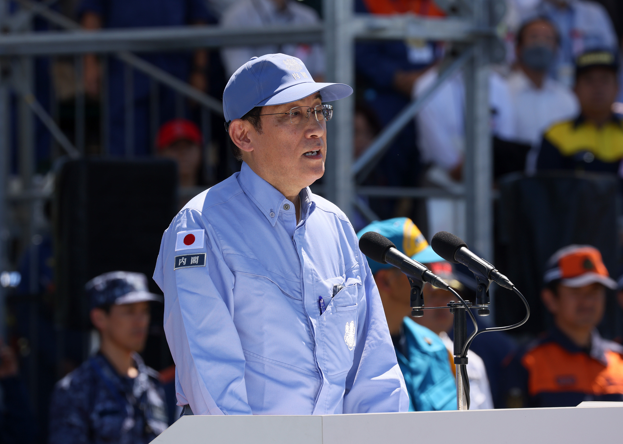 Prime Minister Kishida delivering an address during the joint disaster management drills by nine local governments in the Kanto region (1)