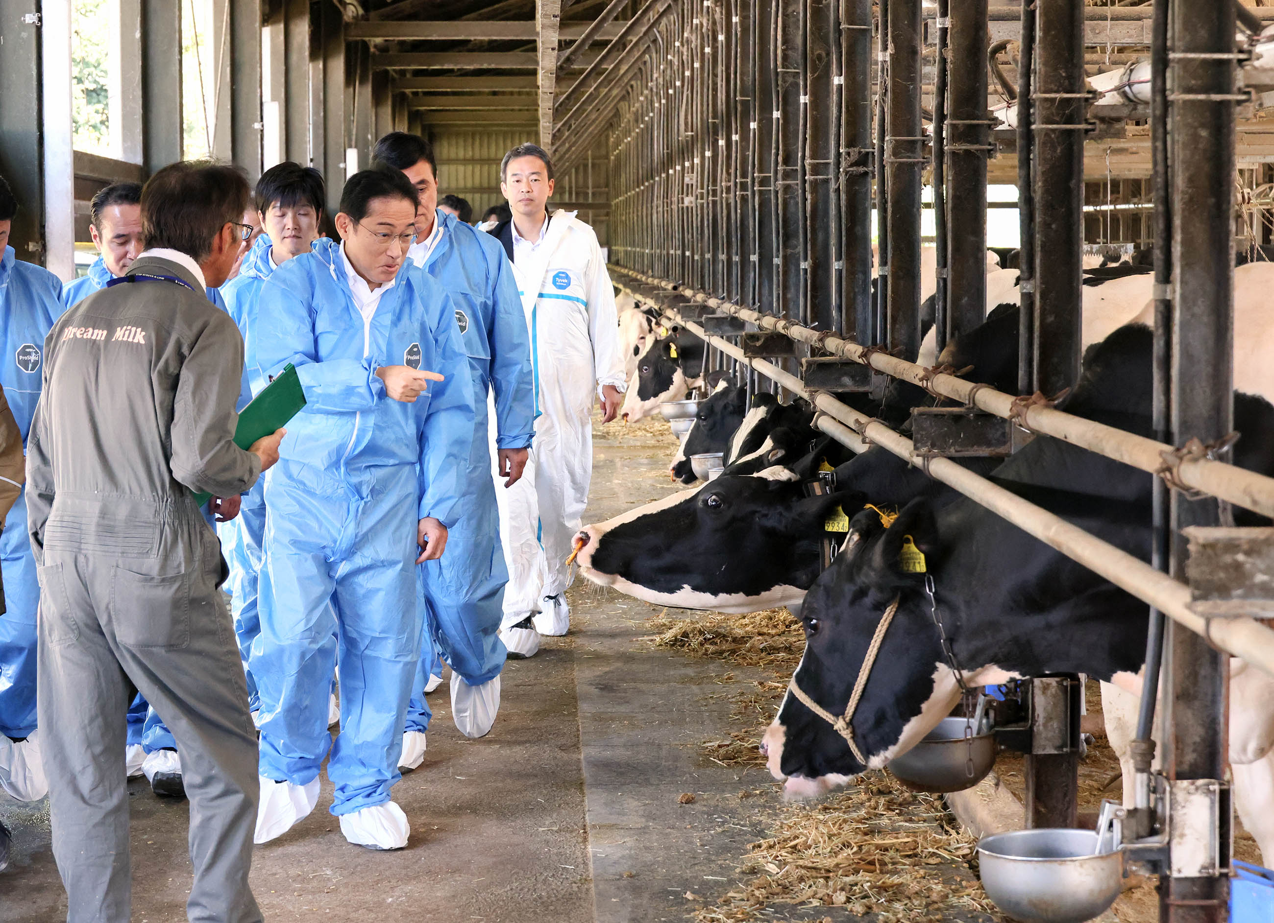 Prime Minister Kishida hearing about the milking and feeding process