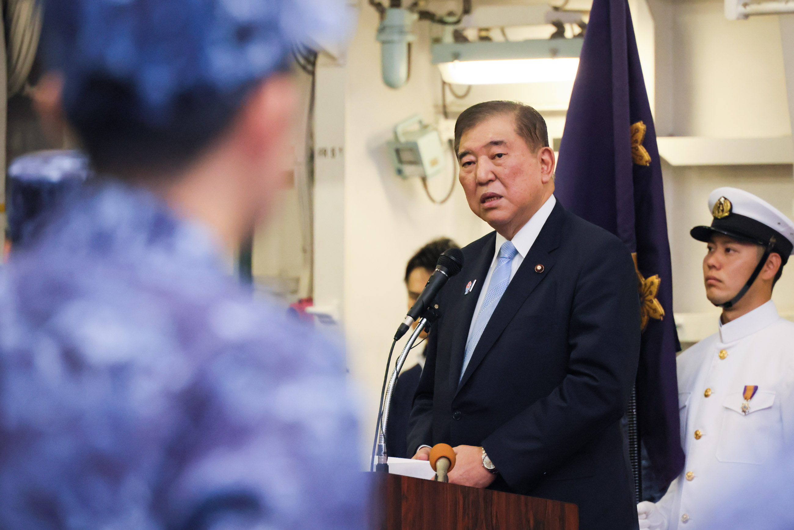 Prime Minister Ishiba delivering an address to the JMSDF personnel (1)