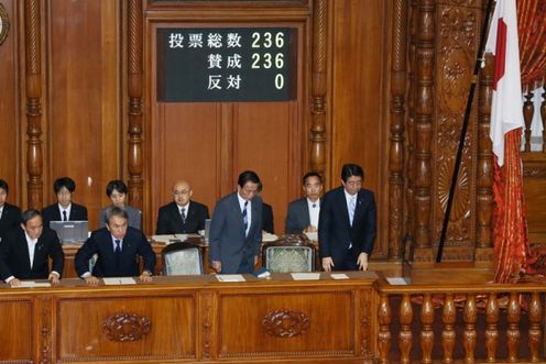 Photograph of the Prime Minister bowing after the vote at the Plenary Session of the House of Councillors