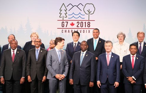 Photograph of the group photograph session with the leaders of the G7 members and invited outreach countries