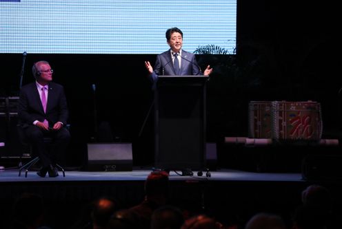 Photograph of the Prime Minister delivering an address at a commemorative ceremony for the Ichthys LNG Project