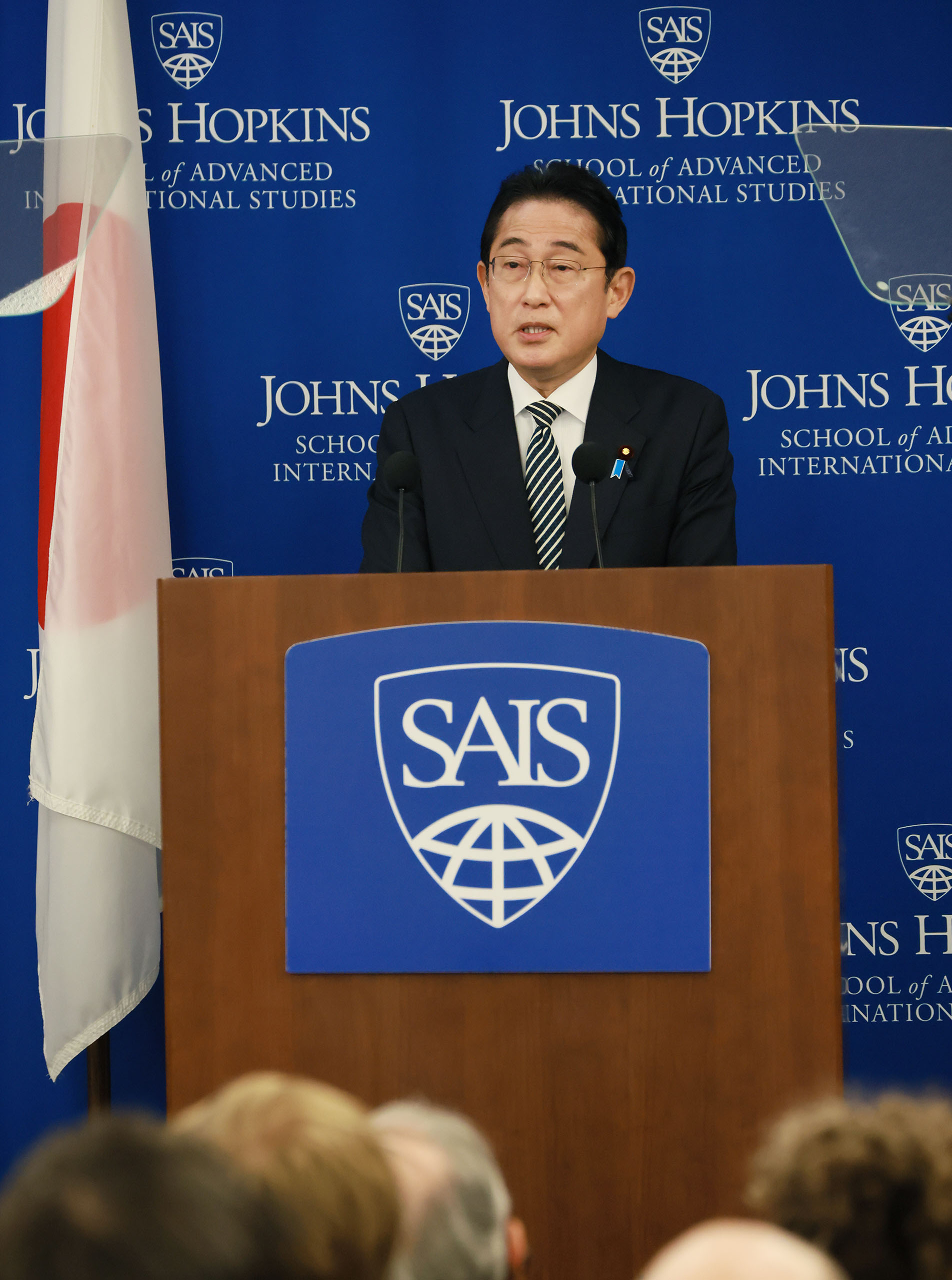 Prime Minister Kishida delivering a policy speech at Johns Hopkins SAIS (1)