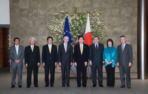 Photograph of the leaders and high-level officials attending a photograph session before the Japan-EU Summit Meeting