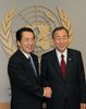 Photograph of Prime Minister Kan shaking hands with Secretary-General Ban Ki-moon of the United Nations