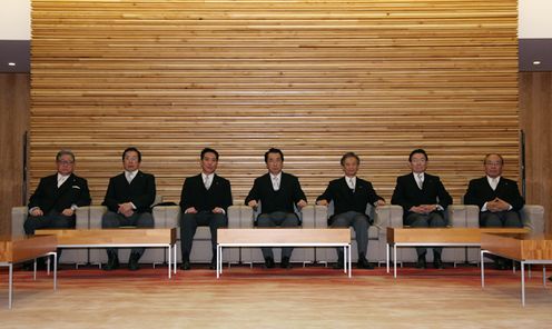 Photograph of the Prime Minister attending the first Cabinet meeting of the Second Reshuffled Kan Cabinet