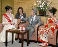 Photograph of Prime Minister talking with the Cherry Blossom Queen and Princess