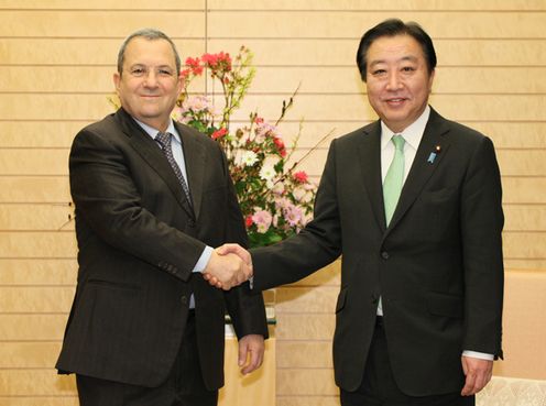 Photograph of Prime Minister Noda shaking hands with Deputy Prime Minister and Minister of Defense of Israel Ehud Barak