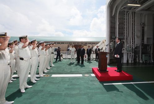 Photograph of the Prime Minister delivering an address on the patrol vessel <i>Ryukyu</i> 2