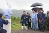 Photograph of the Prime Minister observing the disaster site in Aso City, Kumamoto Prefecture